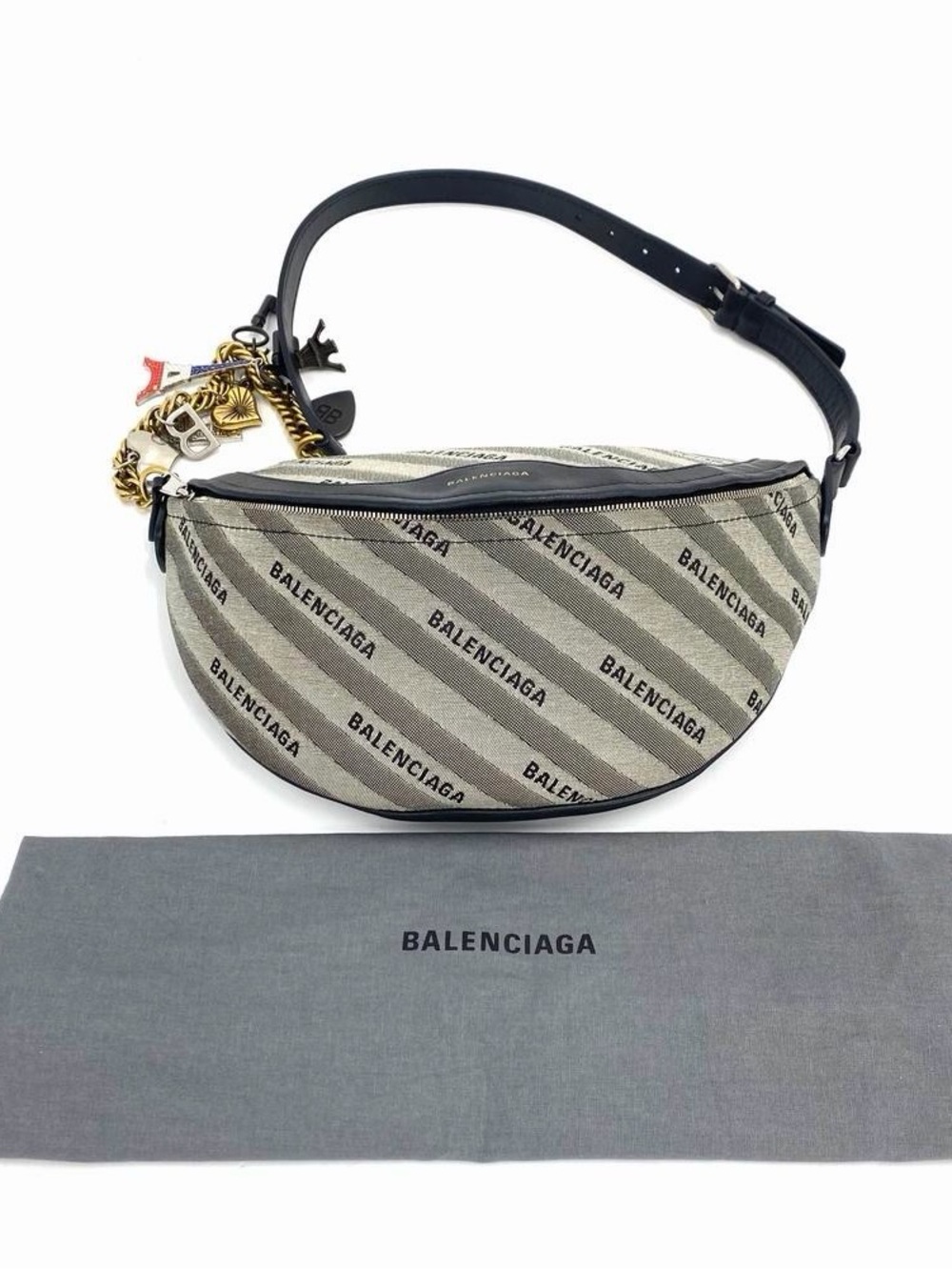 Balenciaga Beige and Black Logo Canvas Mini Belt Bag with Charm
